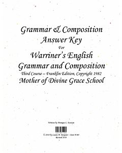 Grammar & Composition Answer Key (Warriner's 3rd Course (c) 1982)
